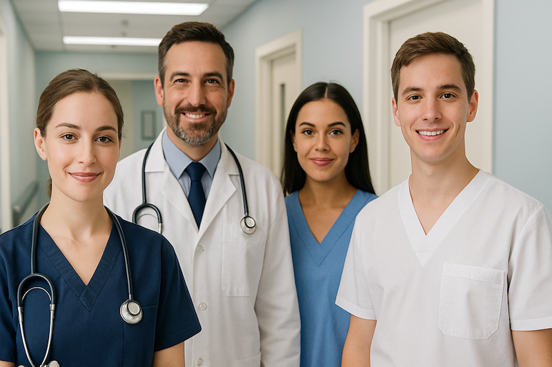 Profissionais de saúde com uniformes médicos